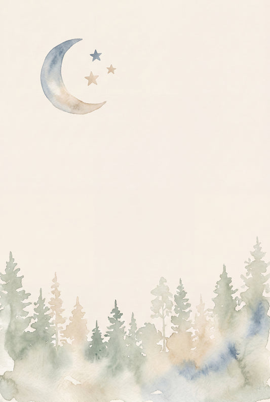Akwarelowy plakat z księżycem nad ciemnym lasem z akcentem dusty blue — magiczna nocna scena POLANA