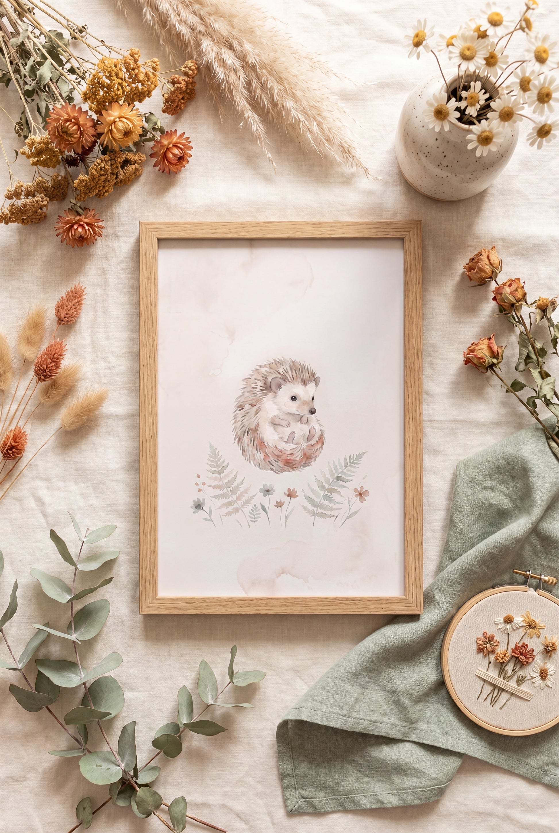Plakat z jeżykiem w drewnianej ramie, flatlay z suszonymi kwiatami w odcieniach honey i terakota — POLANA