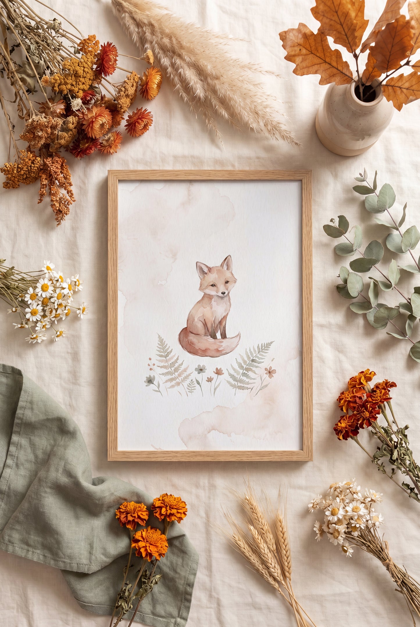 Plakat z liskiem w drewnianej ramie, flatlay z suszonymi kwiatami w odcieniach honey i terakota — boho styling POLANA