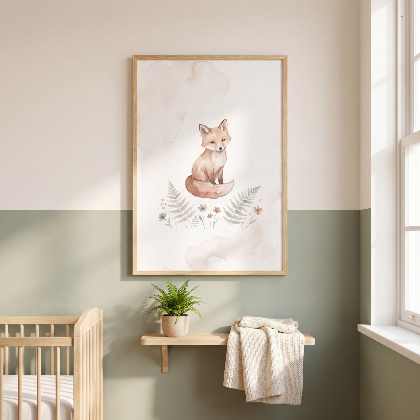 Plakat akwarelowy z liskiem siedzącym wśród paproci, w drewnianej dębowej ramie, na sage zielonej ścianie pokoju dziecka — POLANA