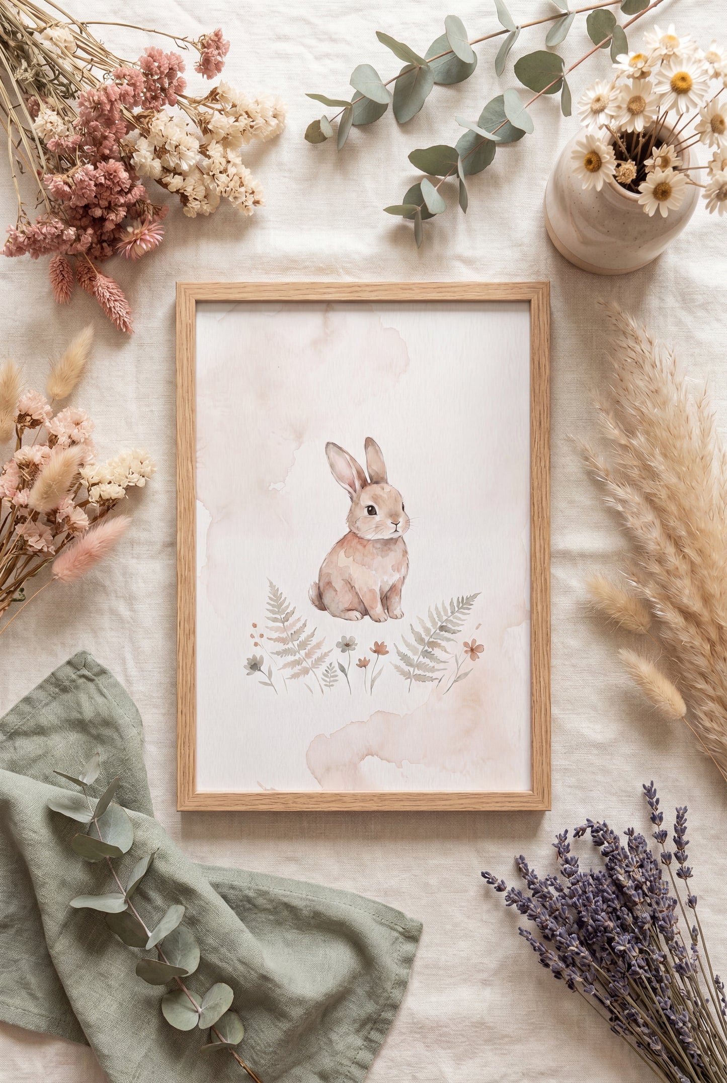 Plakat z zajączkiem w drewnianej ramie, flatlay z suszonymi kwiatami w odcieniach dusty pink i cream — POLANA