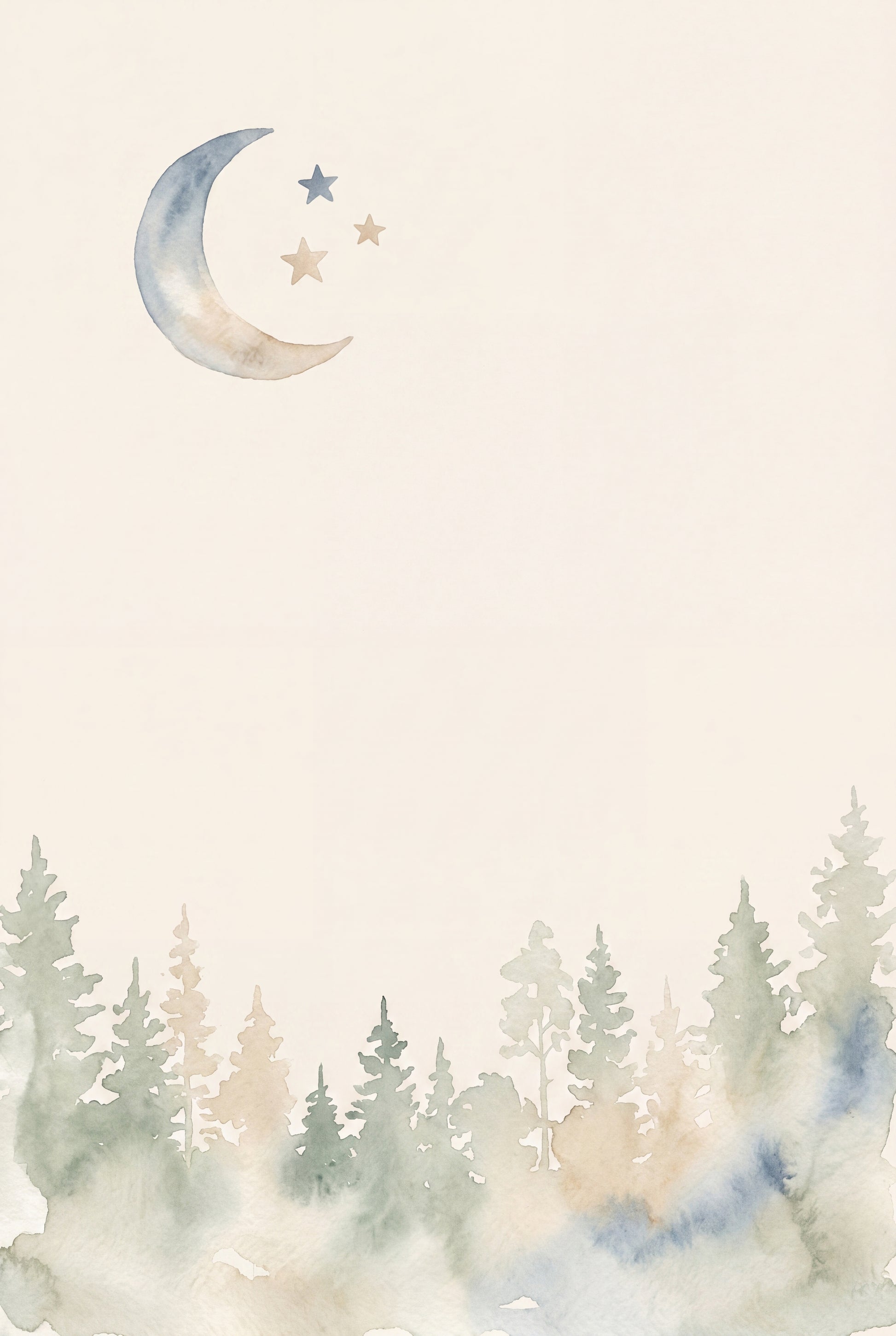 Akwarelowy plakat z księżycem nad ciemnym lasem z akcentem dusty blue — magiczna nocna scena POLANA
